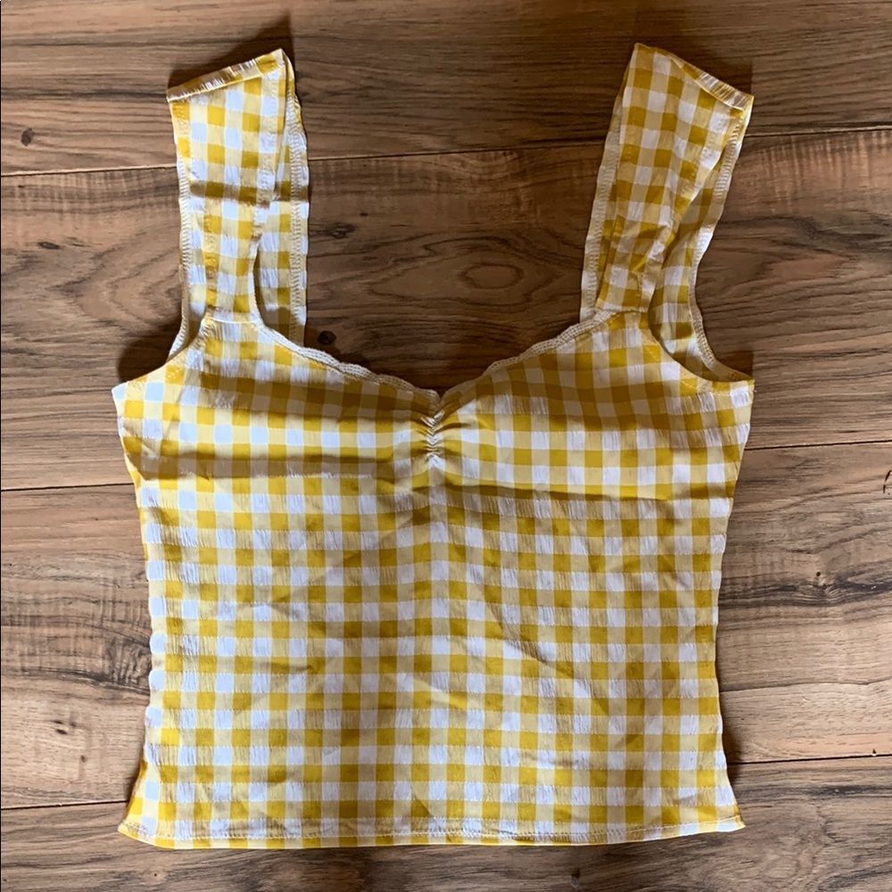 Womens Juniors NWOT Yellow Gingham Lace Trim Seersucker Sweetheart Neck Tank Top